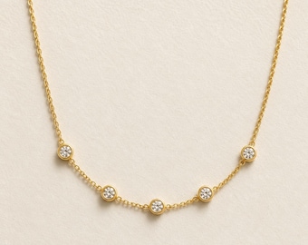 Diamant Station Halskette | 9k 14k oder 18k Gold | 5 Diamant Halskette.  Diamant durch die Zoll-Halskette | Minimalistischer feiner Schmuck | Geschenk für Sie