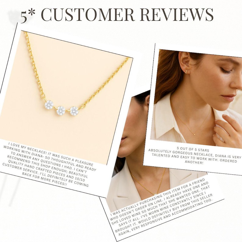 May include: A gold chain necklace featuring three small, clear, round-cut stones arranged horizontally. The image includes text overlays displaying 5-star customer reviews praising the quality of the jewelry and the service provided by the shop.