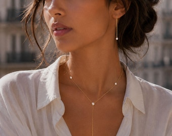 Diamond Lariat Necklace in Solid Gold – Bezel Set Diamond Drop Necklace – Minimalist Y Necklace – Dainty Diamond Necklace – 9k 14k 18k Gold