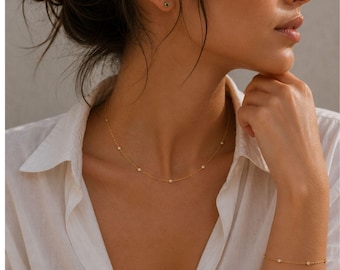 Diamant Station Halskette | 9k 14k oder 18k Gold | Winzige Diamant Halskette.  Diamant durch die Zoll-Halskette | Minimalistischer feiner Schmuck | Geschenk für Sie