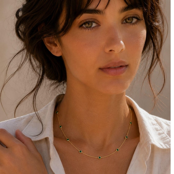 Emerald Station Necklace: Solid Gold, 9k, 14k, 18k Handmade Goldsmith. Customizable Length. Emerald Station Necklace. Emeralds By the Inch.