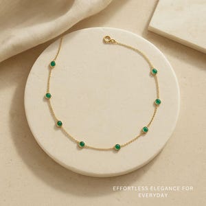 Emerald Station Necklace – Customisable Handmade Gold Necklace | 9ct 14ct 18ct Gold Delicate Gold Necklace with Emeralds | made in London