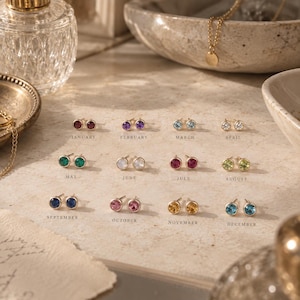 Geburtsstein-Ohrstecker: Massives 9-, 14- oder 18-karätiges Gold. 2 mm, 3 mm und 4 mm Geburtsstein-Ohrstecker. Geburtstagsgeschenk für sie. Diamantkette