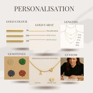 May include: An infographic titled PERSONALISATION displaying jewelry options including gold colors, 9k, 14k, and 18k gold carats in yellow, rose, and white gold, necklace lengths from 15 to 20 inches, gemstone colors, and custom initial charms.