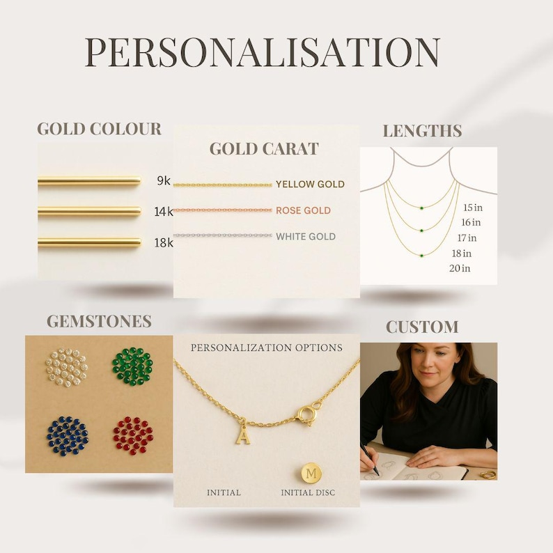 May include: An infographic titled PERSONALISATION displaying jewelry options including gold colors, 9k, 14k, and 18k gold carats in yellow, rose, and white gold, necklace lengths from 15 to 20 inches, gemstone colors, and custom initial charms.