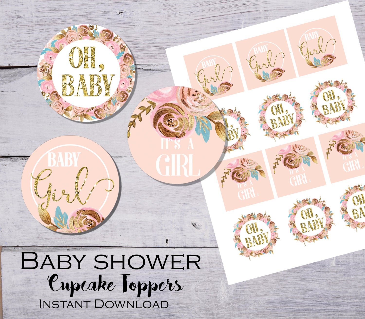 Girl baby shower cupcake toppers printable Printable cupcake Etsy