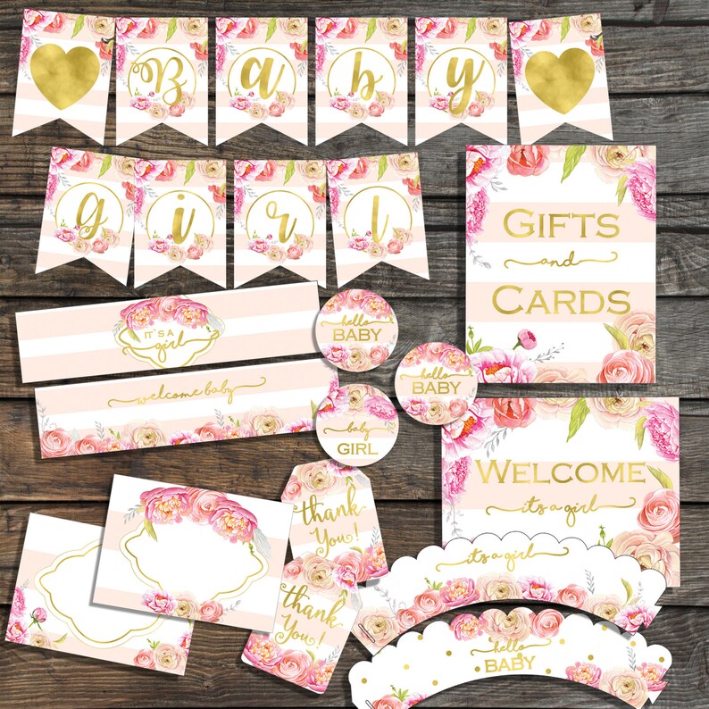 Baby Shower Decorations Pack Blush Pink And Gold Girl Baby Etsy