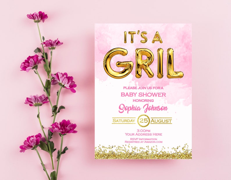 It S A Girl Baby Shower Invitation Gold Balloon Letters Etsy It S A Girl Baby Shower Invitation Gold Balloon Letters Etsy