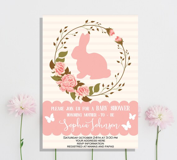 bunny baby shower invitation easter baby shower invitation spring baby shower invitation floral baby shower invitation rabbit bunny baby shower invitations