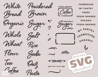 May include: A digital download of 16 SVG files featuring handwritten text labels for pantry organization. The labels include words like "White Bread", "Powdered Brown Sugar", "Whole Wheat Flour", "Salt", "Rice", "Soda", "Tea", "Oats", "Pasta", "Coffee", and "Organic".