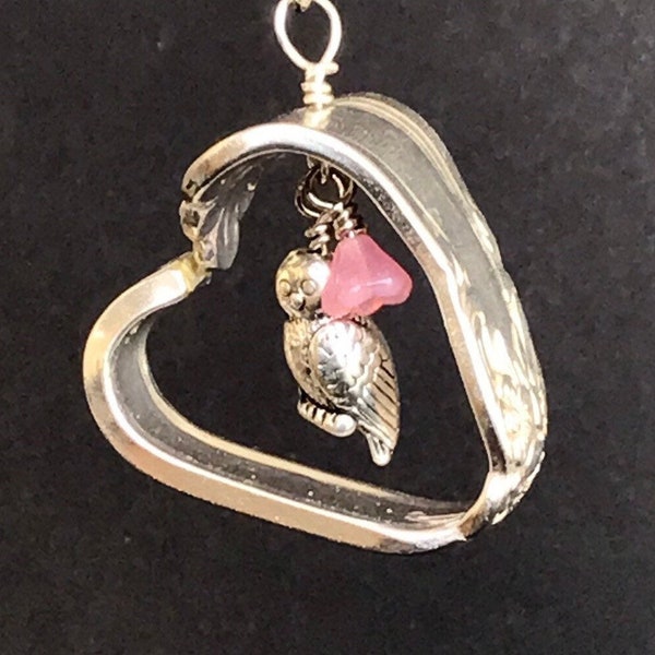 Vintage Silver Plated Silverware Heart with Owl and Glass Flower Charms, Women's necklace, Christmas gifts, Handmade jewelry