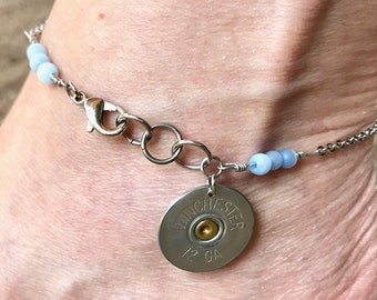 12 Gauge Shotgun Shell Top Anklet on Stainless steel Chain with Light Blue Tiger Eye Beads, Womens anklets, Handmade, Recycled bullets