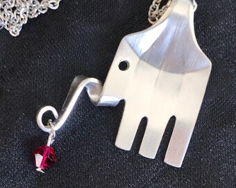 Vintage Silver Plated Fork Elephant with a Red Swarovski Crystal Dangle, Women's necklace, Girl's jewelry, Christmas gifts, Handmade gifts