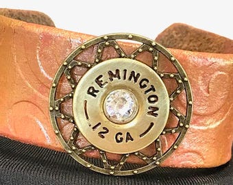 Remington 12 Gauge Shotgun Shell and Leather Bracelet with a Swarovski Crystal, Women's bracelets, Bullet jewelry, Handmade