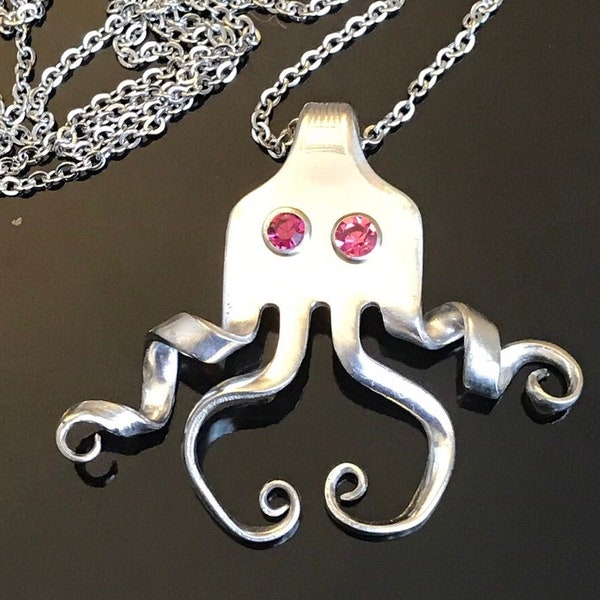 Vintage Silver Plated Fork Octopus Necklace with Crystal Rivet Eyes, Women's necklace, Children's jewelry, Handcrafted jewelry, Recycled