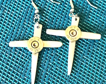 Winchester 40 Cal and Silver Plated Fork tine Cross Earrings, Womens earrings, Bullet jewelry, Womens Jewelry, Dangle Earrings,