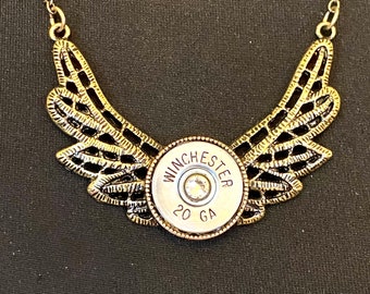 Brass Wings and 20 Gauge Shotgun Shell Necklace, Womens gifts, Bullet jewelry, Womens necklaces, Unique gifts