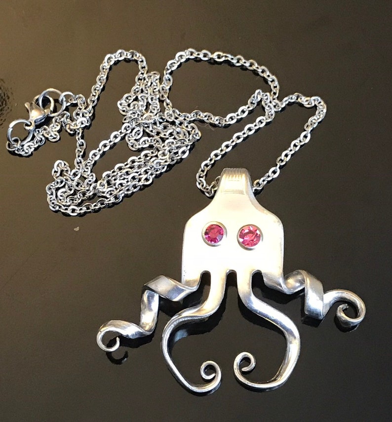 Children,s jewelry Vintage Silver Plated Fork Octopus Necklace with Crystal Rivet Eyes Women/'s necklace Handcrafted jewelry Recycled