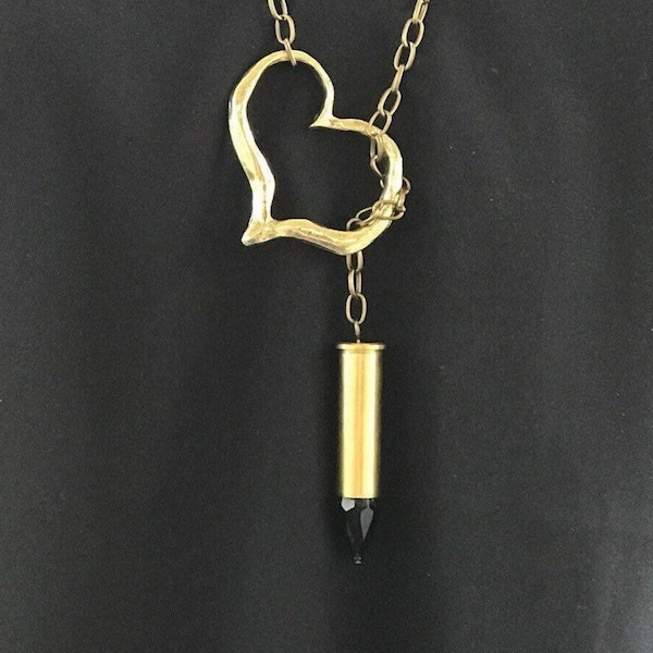 357 Mag Bullet Casing with a Black Faceted Glass Bead & Heart Pendant Lariat Necklace, Women's jewelry, Upcycled bullets, Unique jewelry