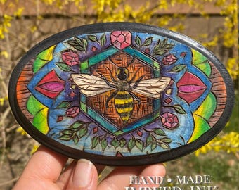 Colorful Bee, Hand Drawn WoodBurned Pyrography & Painting on Wood Plaque, Nature Inspired Original Art