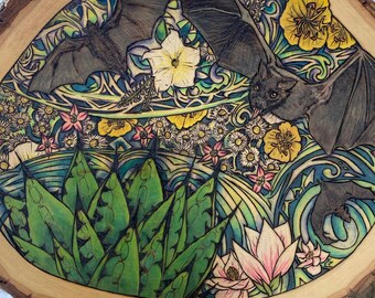 Batty, Original Wood Burned Pyrography on Live Edge Basswood, Wildlife Bat & Floral Art