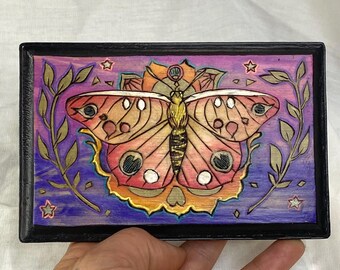 Colorful Moth, Hand Drawn WoodBurned Pyrography & Painting on Wood Plaque, Nature Inspired Original Art