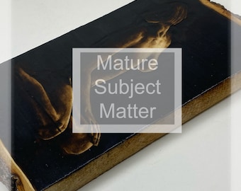 Wood Burned Nude Art, Shadowy Female Figure on Live Edge Basswood