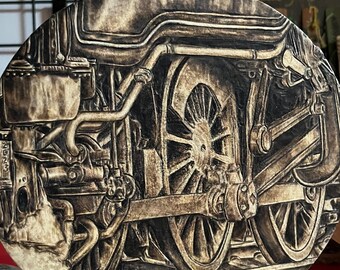 Rustic Train Engine Wheels and Steam detail, Hand Drawn Original Wood Burned Artwork