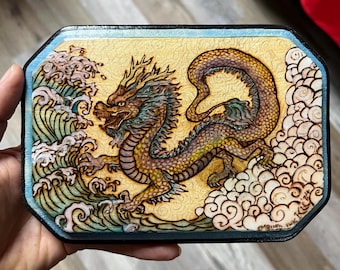 Water Dragon WoodBurning Art, Hand Drawn Pyrography Painting, Resin Finish, Original Wood Plaque