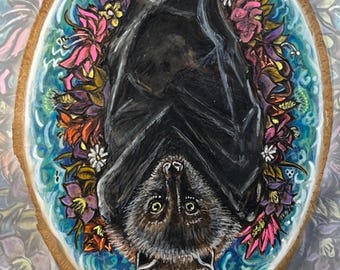 Wood Burned Bat Art, Floral Pyrography, Live Edge Basswood, Hand drawn & painted, Blacklight reactive
