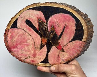Pair of Flamingos Woodburned Art, Pyrography on Live Edge Wood, Hand drawn & Painted