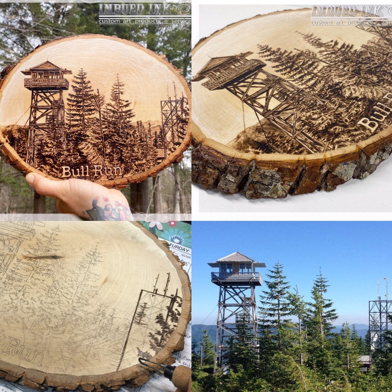 Op de afbeelding: Een houten schijf met een ingebrand beeld van een brandwachtertoren in het bos. De tekst "Bull Run" staat onder de afbeelding.