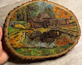 Mabry Mill Pyrography Artwork on Live Edge Wood, Autumn Scene Painting