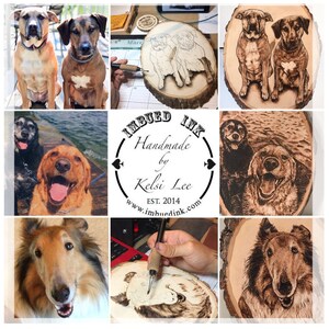 Op de afbeelding: Collage van met hout gebrande huisdierportretten. De portretten zijn van honden, waaronder een zwarte labrador, een golden retriever, een collie en twee bruine honden. De portretten zijn op houten schijven en zijn omgeven door een logo dat "Imbued Ink Handmade by Kels Lee Est. 2014 www.imbuedink.com" zegt.