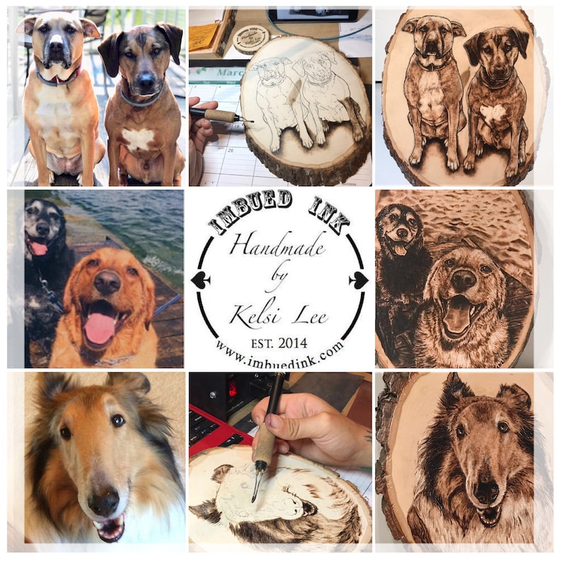 Op de afbeelding: Collage van met hout gebrande huisdierportretten. De portretten zijn van honden, waaronder een zwarte labrador, een golden retriever, een collie en twee bruine honden. De portretten zijn op houten schijven en zijn omgeven door een logo dat "Imbued Ink Handmade by Kels Lee Est. 2014 www.imbuedink.com" zegt.