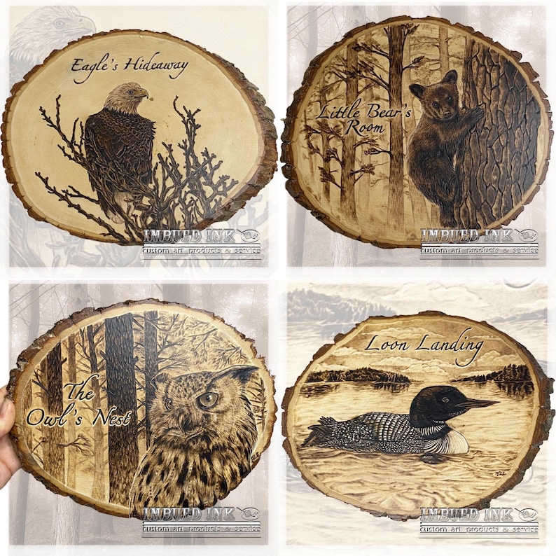 May include: Four wood slices with burned images of animals and nature scenes. The top left slice features an eagle with the text "Eagle's Hideaway". The top right slice features a bear with the text "Little Bear's Room". The bottom left slice features an owl with the text "The Owl's Nest". The bottom right slice features a loon with the text "Loon Landing".