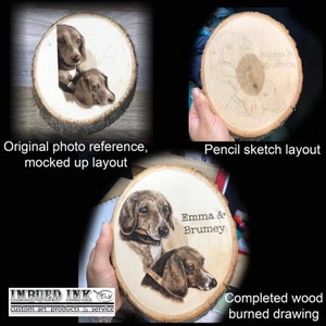 Op de afbeelding: Een gebrandschilderde tekening van twee honden, een bruin-witte jachthond en een zwart-bruine teckel, op een houten schijf. De honden kijken naar rechts en de tekst "Emma & Brumey" staat erboven.