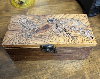 Sea Turtle and Jellyfish Trinket Box, wood burned hand engraved, Ocean themed handmade art