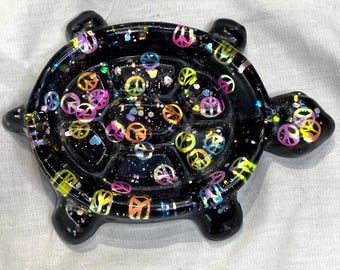 Handmade Peace Sign Glittery Resin Turtle Dish, Soap Lift, Jewelry Holder