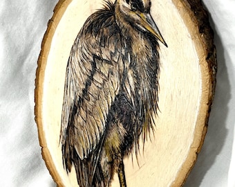Great Blue Heron Portrait, Wood Burned Pyrography on Live Edge Basswood, Wildlife Bird Art