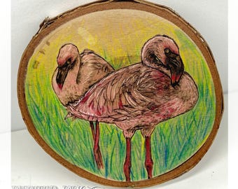 Flamingo Woodburned Art, Pyrography on Live Edge Wood, Hand drawn & Painted