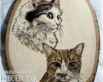 Custom Pet Portrait - Wood burned Painting, Drawn by hand on live edge wood, 8x6” size range