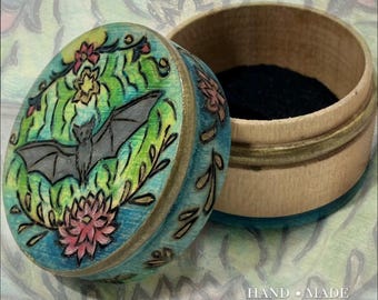 Little Bat Trinket Box, wood burning art - hand engraved, watercolor paint details