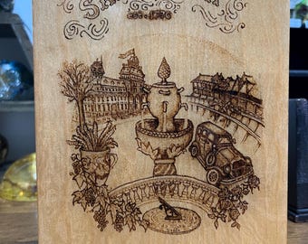 Saratoga Springs NY, WoodBurned Pyrography on Wood Plaque, Hometown Tribute Art