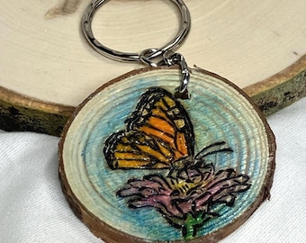 Handmade Monarch Butterfly Wood Slice Keychain, Woodburned & Painted