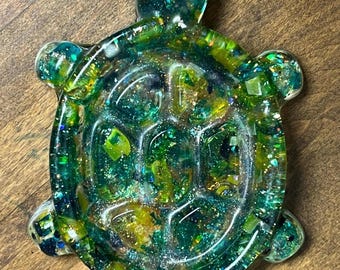 Handmade Green Blue Sparkle Resin Turtle Dish, Soap Lift, Jewelry Holder