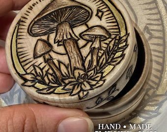 Mini Mushroom Trinket Box, wood burned hand engraved, with gold painted accent