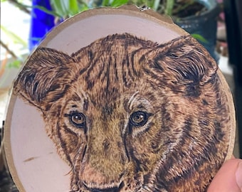Lion Cub Wood burned Art, Realistic Hand drawn wildlife artwork on Aspen wood