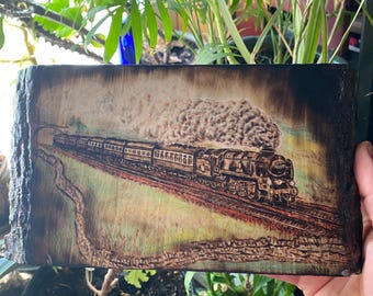 Original Pyrography Train Art, Hand-Drawn Steam Engine on Live Edge Basswood