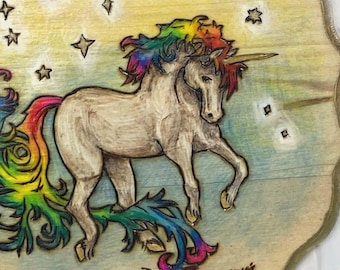 Unicorn, Original Hand Drawn Wood Burned Pyrography & Painting on Basswood Plaque, Fantasy Art